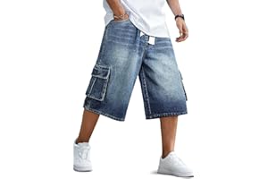 GINGTTO Mens Baggy Jean Shorts Cargo Long Denim Shorts Elastic Waist 15 Inch Inseam