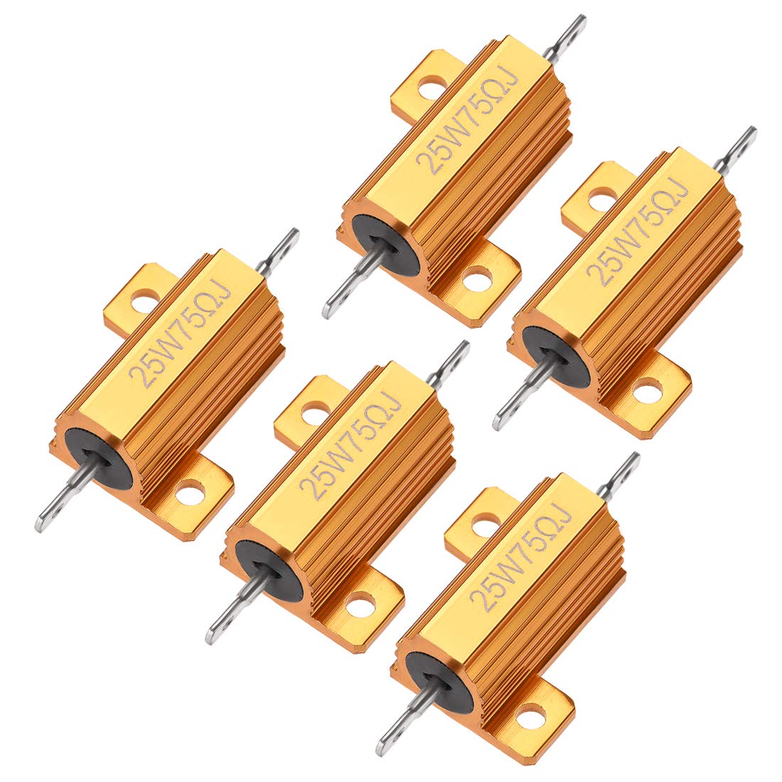 sourcingmap 25W 75 Ohm 5% Aluminum Housing Resistor Screw Tap Chassis Mounted Aluminum Case Wirewound Resistor Load Resistors Gold Tone 5 Pcs