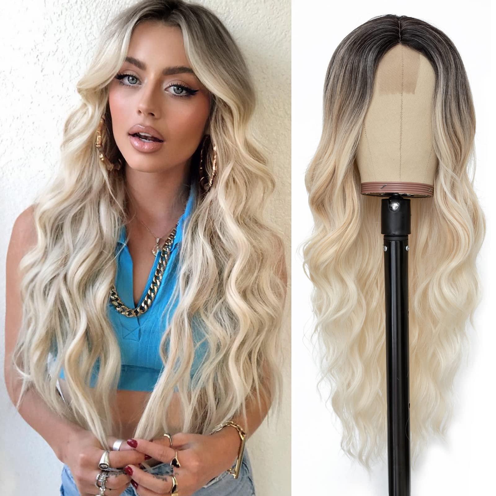 Photo 1 of NAYOO Long Platinum Blonde Wavy Wig for Women 26 Inch Middle Part Curly Wavy Wig Natural Looking Synthetic Heat Resistant Fiber for Daily (Platinum Blonde)