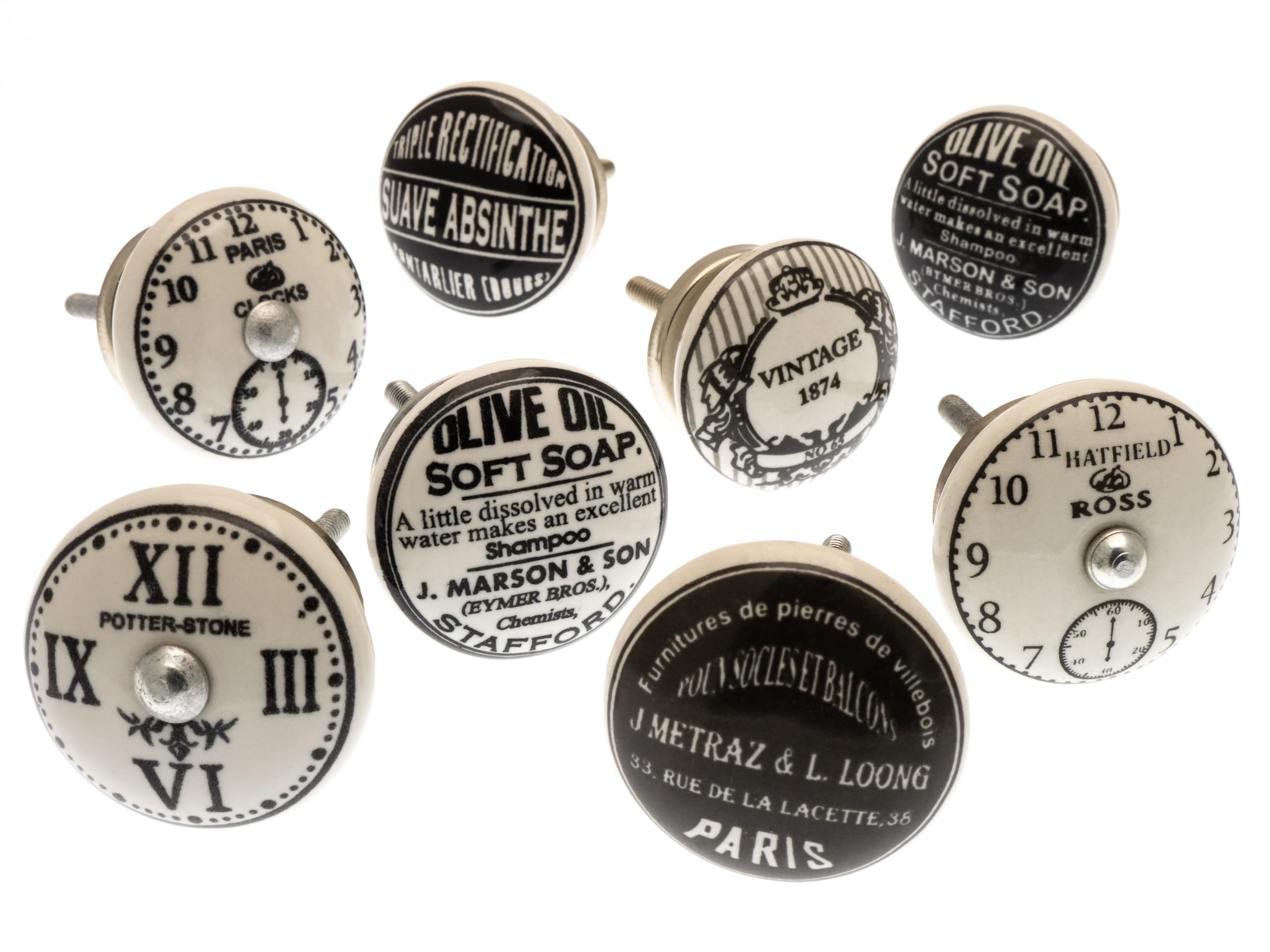 Mango Tree Cupboard Knobs - Decorative Timeless Black and White Clock and Old Style Patterns Ceramic Door and Drawer Handles – Vintage Home Décor Set of 8