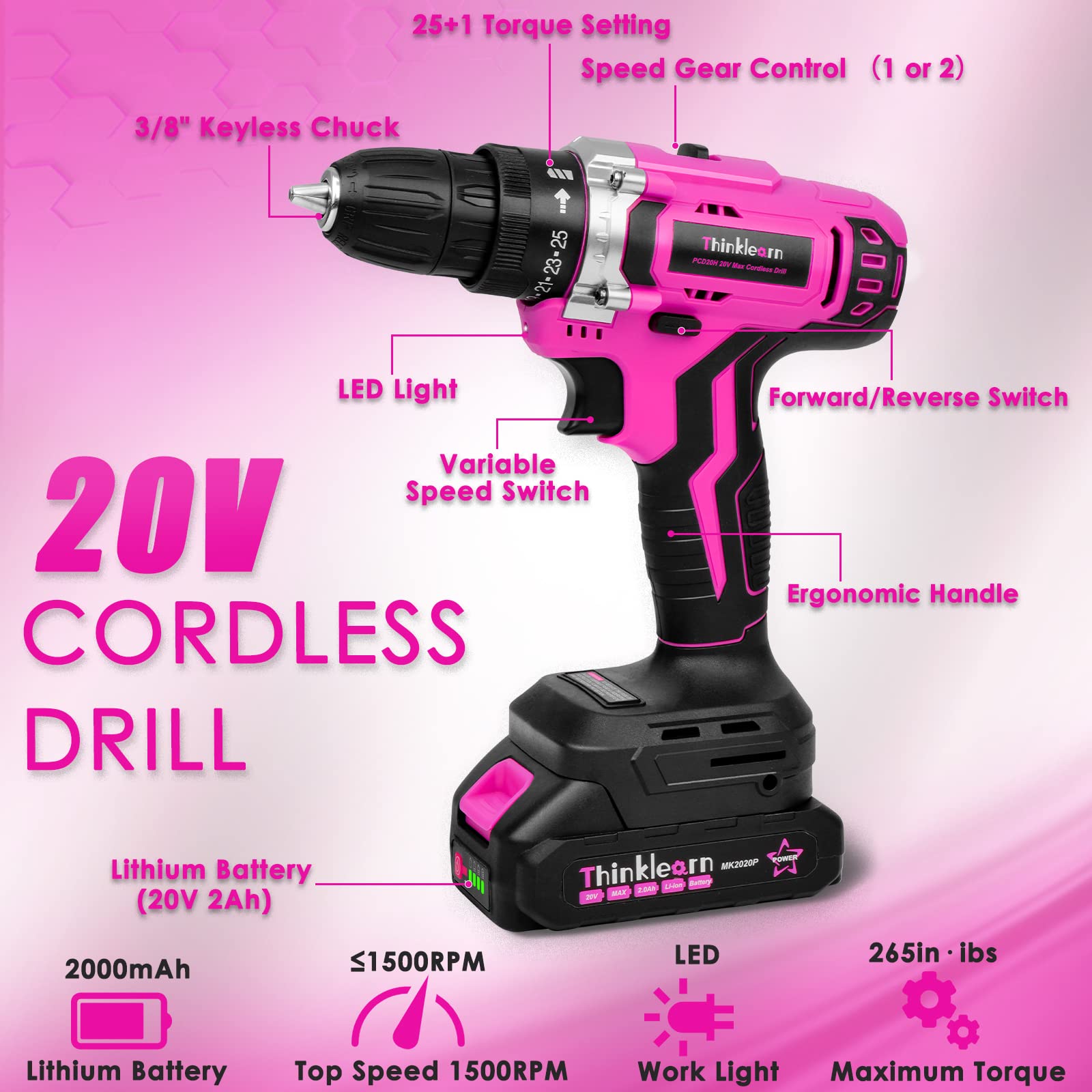 Tool Kit with 20V Cordless Drill(265in-lbs), Pink Drill Set for Women, Lady's Home Tool Kit for DIY, Daily Repair Tool Set as a Creative Gift with a Large-Capacity Tool Storage Bag