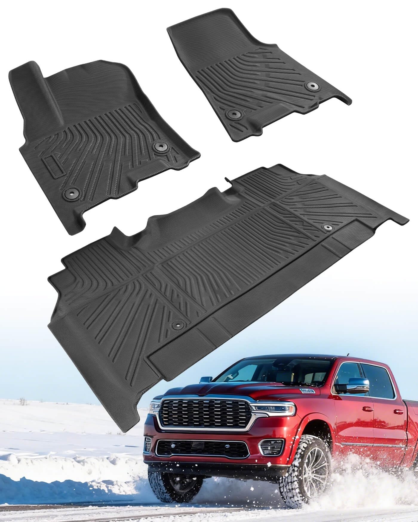 Photo 1 of Car Floor Mats Fit for Dodge Ram 1500 Crew Cab Only: 2025 2026 (Only with Rear Under-Seat Factory Storage & Bucket Seat), All Weather Custom Fit Floor Liner for Ram 1500 Accessories Black