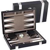 GSE Premium Leather Backgammon Board Game Set, Black&amp;Grey, Small | Portable Travel Folding Backgammon Board, Leather Backgammon Case, Classic Board Strategy Game, For Kids &amp; Adults