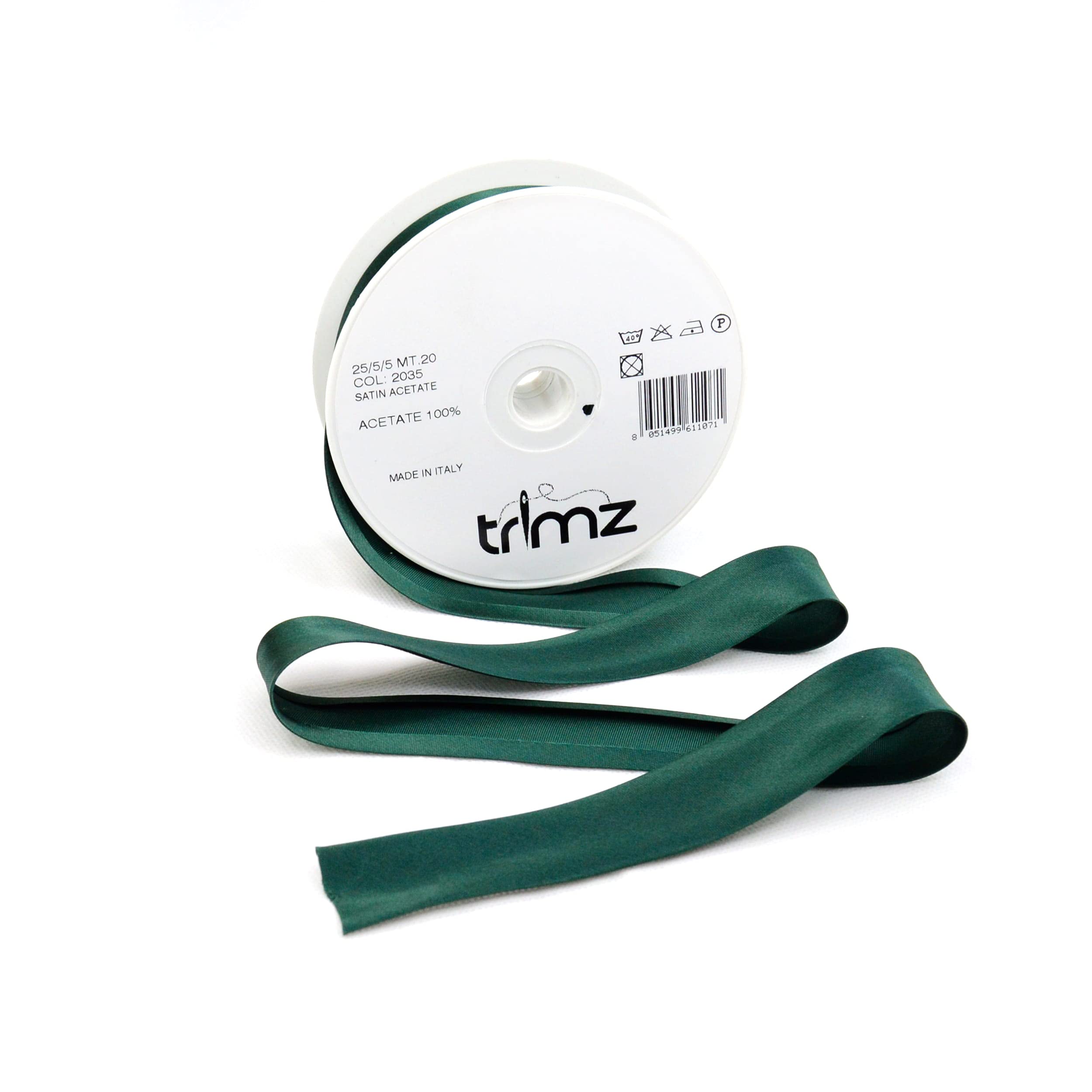Inastri Trimz Acetate Satin Bias Binding – Bottle Green 2035, 25/5/5 mm Double‑Fold Satin Tape for Dressmaking, Hemming, Trims and Crafts