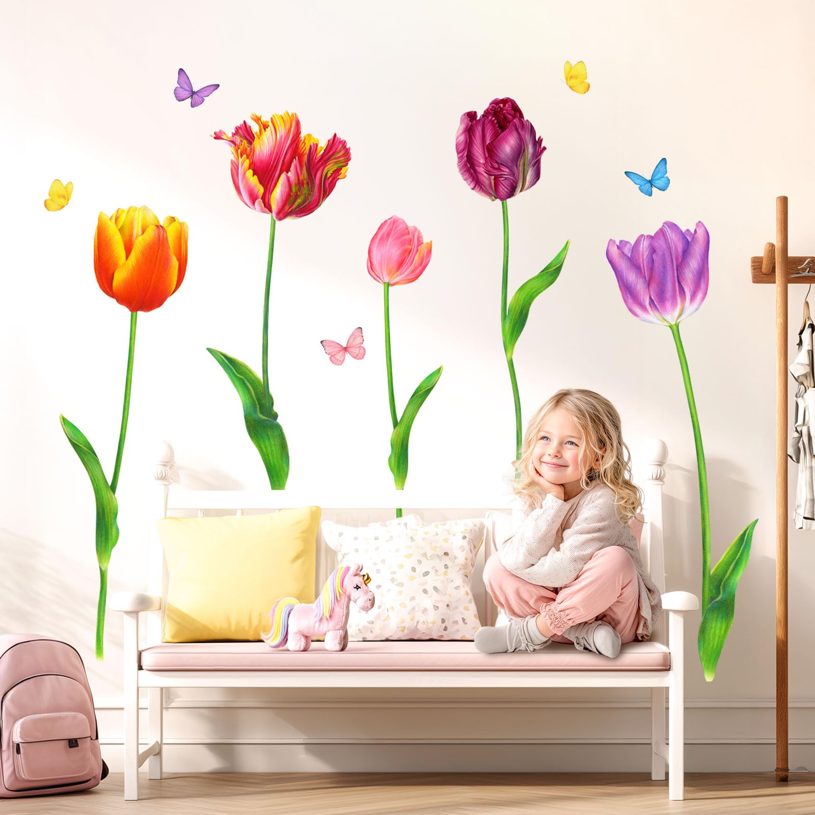 DECOWALL Tulip Flower & Butterfly Wall Stickers – Removable Floral Wall Decals for Bedroom Living Room Home Decor (SG2-2116)