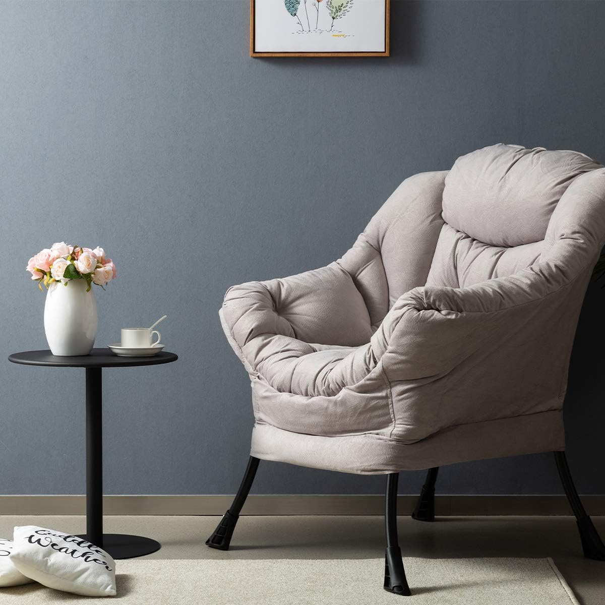 HollyHOME Modern Fabric Lazy Chair, Accent Contemporary Lounge Chair, Single Steel Frame Leisure Sofa Chair with Armrests and A Side Pocket, Grey: Kitchen & Dining