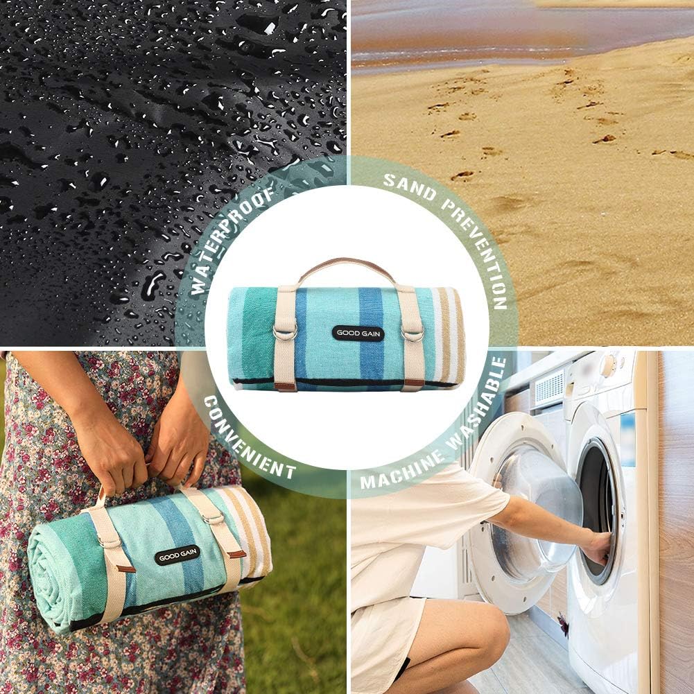 G GOOD GAIN Picnic Blanket Waterproof & Sand Proof, Beach Blanket Portable with Carry Strap, XL Large Foldable Picnic Rug Machine Washable for Outdoor Camping Party, Wet Grass, Hiking, Kids Playground. : Garden & Outdoor