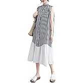 ellazhu Women's Summer Sleeveless Midi Length Stripe Solid Color Patchwork Dress GA2654 A