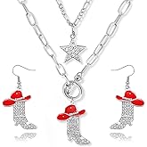 Aswitnove 3 Pcs Cowgirl Necklace Earrings Western Jewelry Set for Women, Sparkly Rhinestone Stacked Cowboy Enamel Hat Boot Star Choker Western Earrings Necklace Country Jewelry for Women