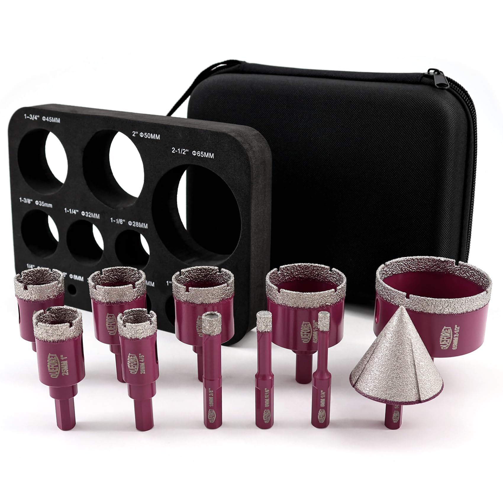 QUEFORET Diamond Drill Bits Set 11pcs - 10pcs 6/8/10/20/25/28/32/35/45/65mm Dry Hole Saw, 1pc 50mm Beveling Chamfer Bit for Ceramic Porcelain Tile Marble Granite