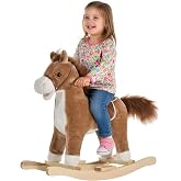 Qaba Rocking Horse Plush Animal, Baby Rocking Chair with Sounds, Brown | Wooden Rockers, Moving Mouth, Wagging Tail
