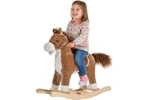 Qaba Rocking Horse Plush Animal on Wooden Rockers, Baby Rocking Chair with Sounds, Moving Mouth, Wagging Tail, Brown