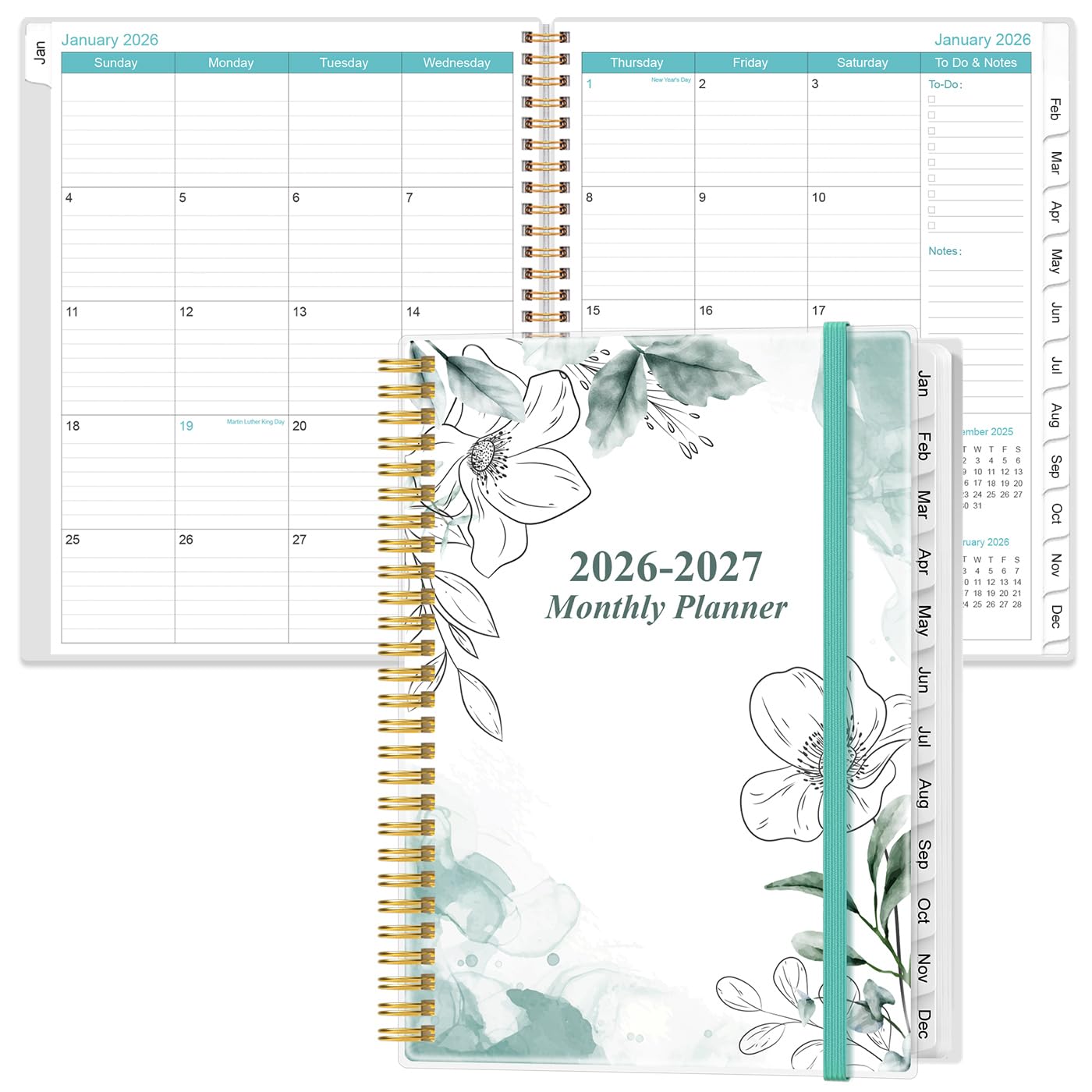 Photo 1 of 2026-2027 Monthly Planner - 18 Monthly Calendar, January 2026 - June 2027, Two Pages Per Month, 9" x11" Planner with Tabs, Strong Twin-Wire Binding, Inner Pocket, Teal Floral