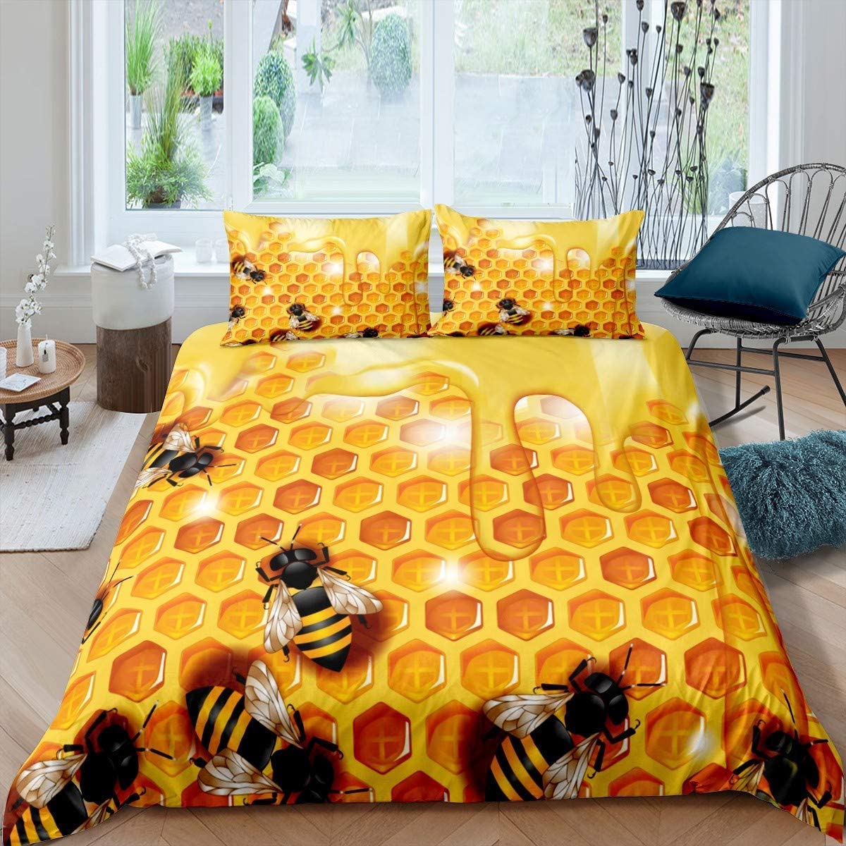 Honeycomb Comforter Cover Cute Bees Bedding Set Beehive Hexagon Duvet Cover for Children Kids Boys Girls Bright Vibrant Microfiber Bedspread Cover Bedclothes Double Size