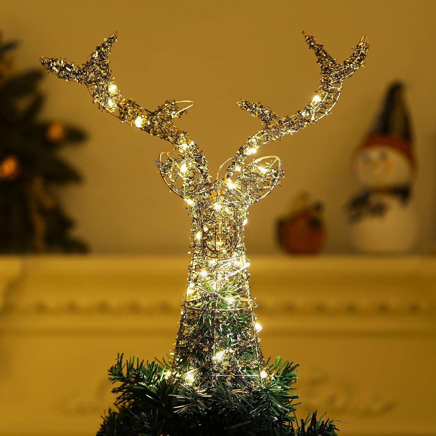 Tree Toppers - Shinowa Christmas Tree Topper, Deer Tree Topper Battery Operated Reindeer Xmas Tree Toppers Christmas Decorations with 6H Timer & 1M Extension Cord, 16.54 inch/42cm, Black Gold