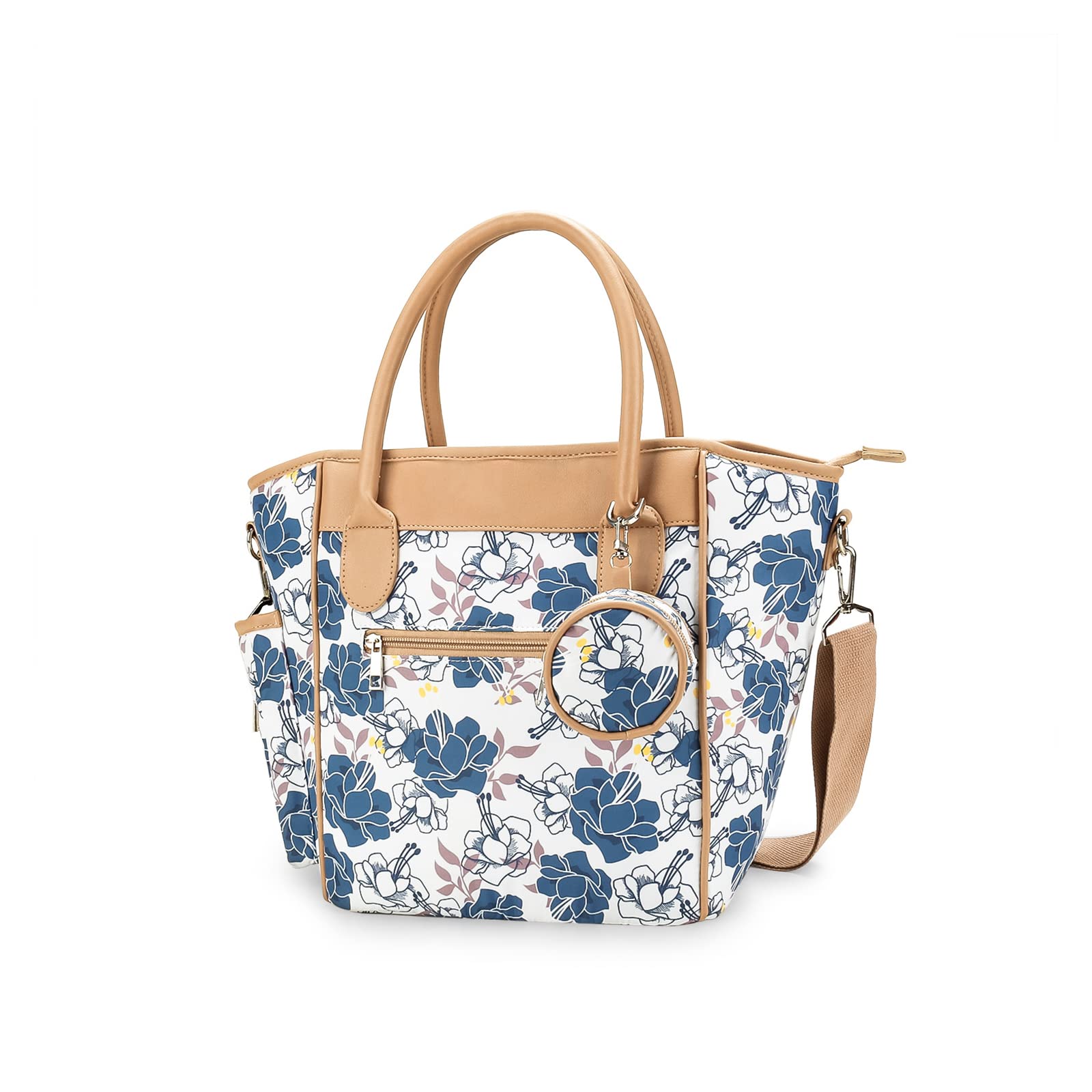 SONARIN Stylish Portable Baby Nappy Changing Tote Bag,Large Capacity Waterproof Baby Changing Bag Satchel Messenger Mummy Bag Travel Diaper Bag with Pacifier Bag(Blue Flower)