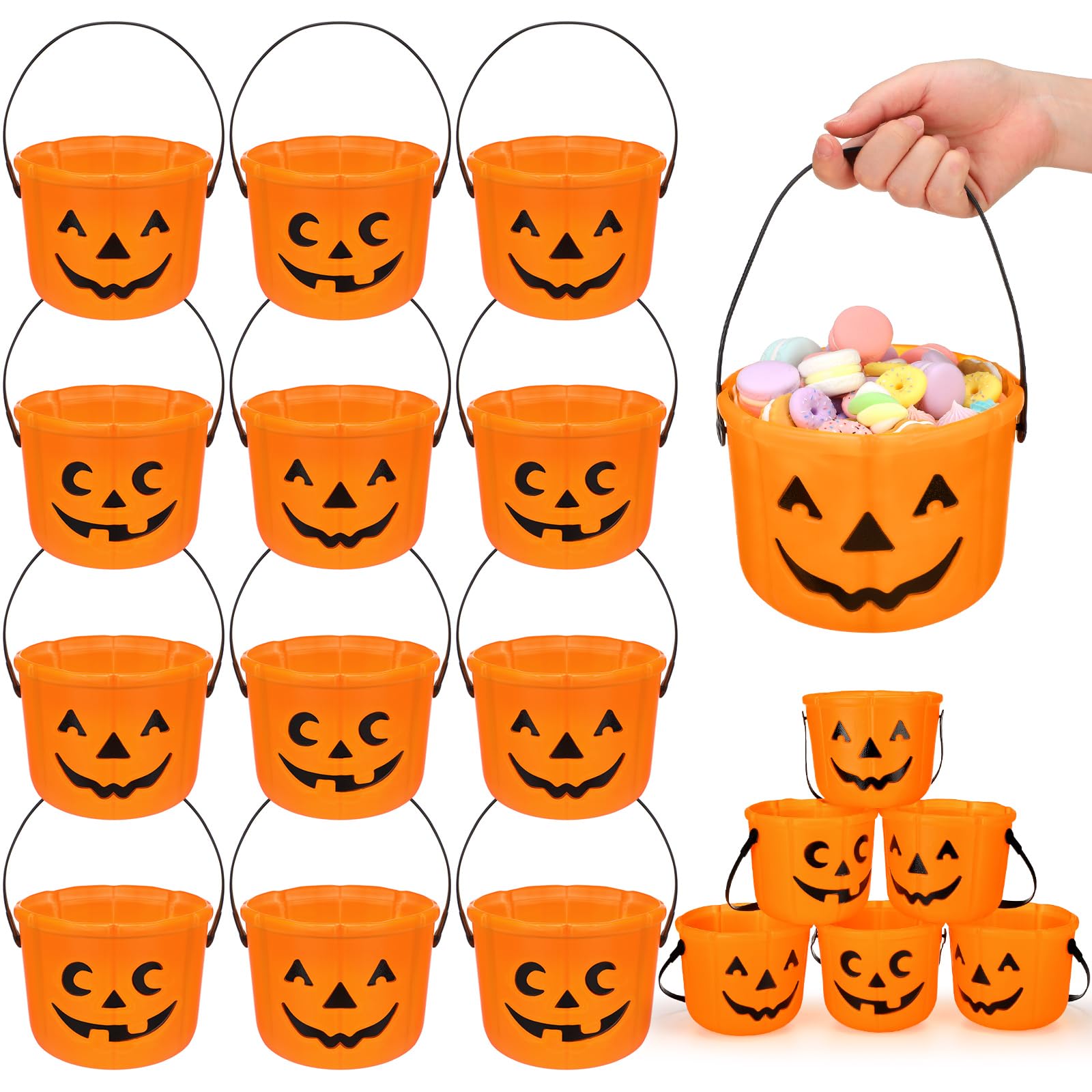 Photo 1 of Jenaai 12 Halloween Trick or Treat Buckets Halloween Pumpkin Buckets Halloween Party Favors Pumpkin Face Candy Basket Plastic Pail Candy Bowl Holder with Handle or Party Decoration (Orange)