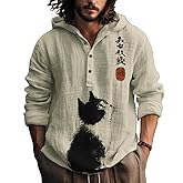 domirica Japanese Graphic Hoodie for Men Button Up Shirts Casual Pullover Trendy Long Sleeve Hooded Sweatshirts