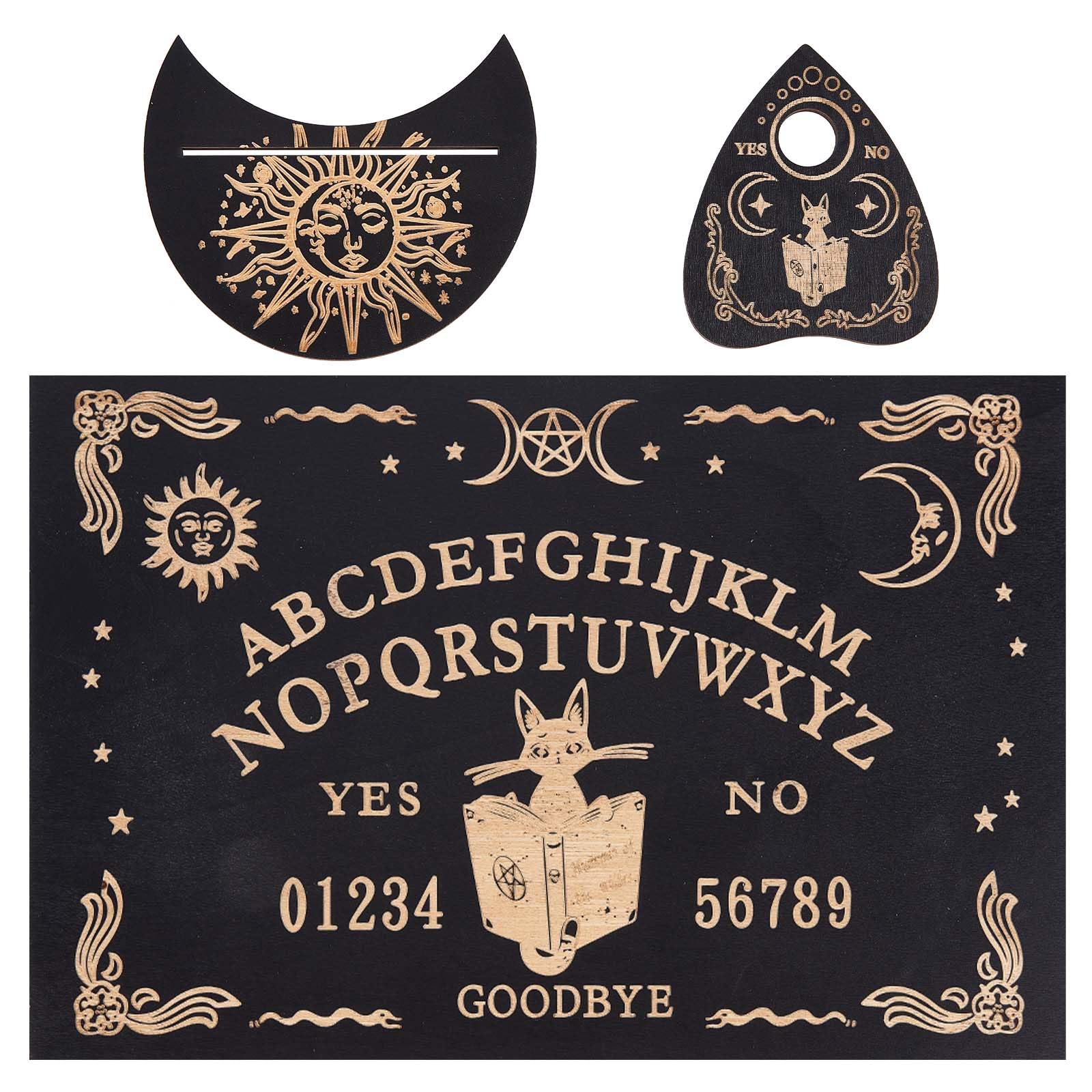 CREATCABIN 3Pcs Wooden Divination Board Set Tarot Card Stand Holder Cat Sun Tarot Card Altar Stand Spirit Board Kit with Planchette Black Rectangle Card Display Rack for Witch Accessories Supplies