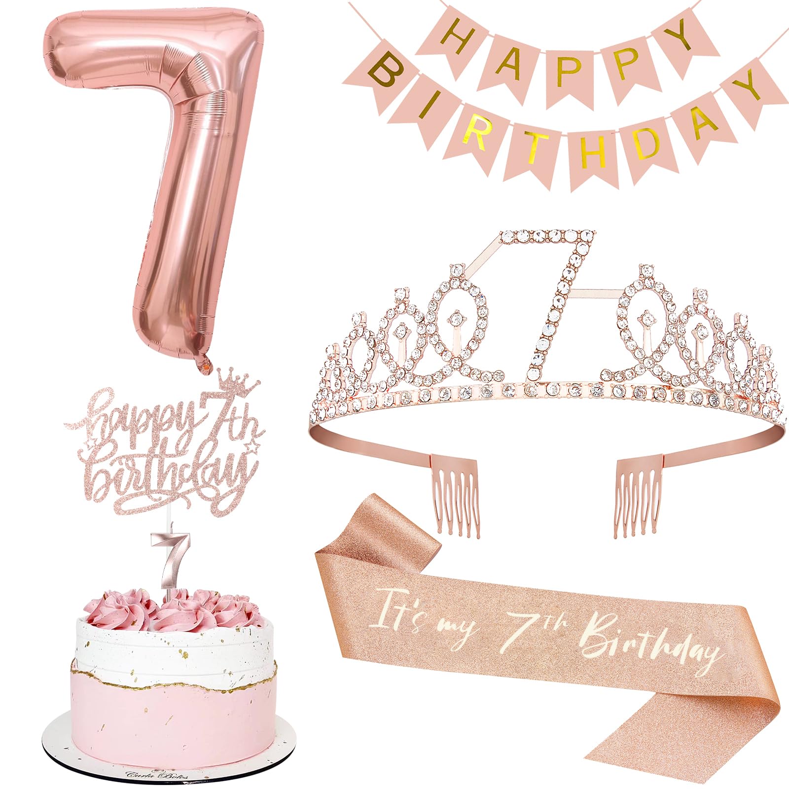 Photo 1 of 7th Birthday Decorations for Girls, Including 7th Tiara and Sash, Happy Birthday Banner, Cake Toppers, Number Candles and Balloons Set, Rose Gold