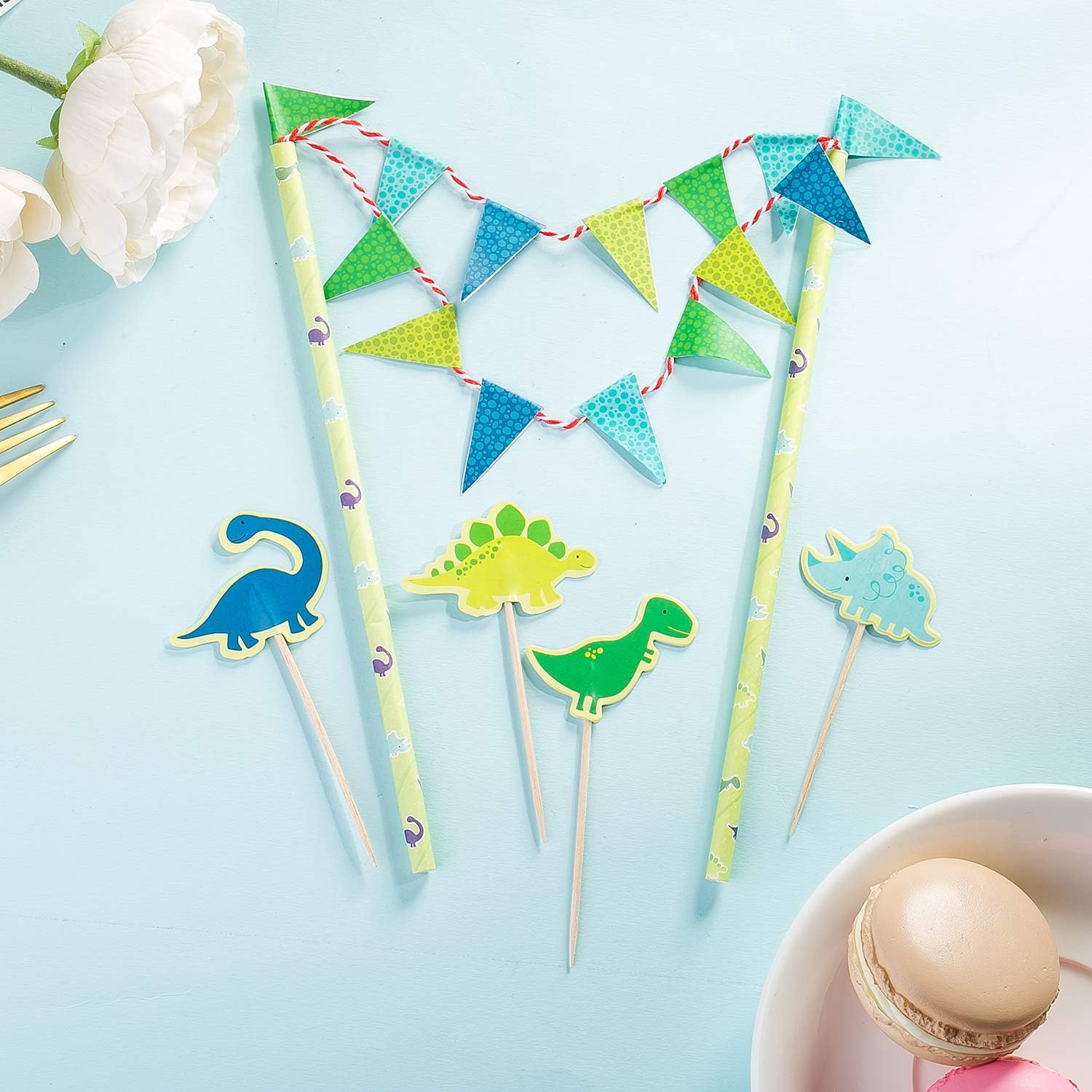 Cake Decoration Dinosaur Cake Decoration Birthday Boy Blue Cake Topper Bunting Garland Dino Cupcake Topper Cake Topper Toothpick for Baby Children Boys Party Decoration - Image 4