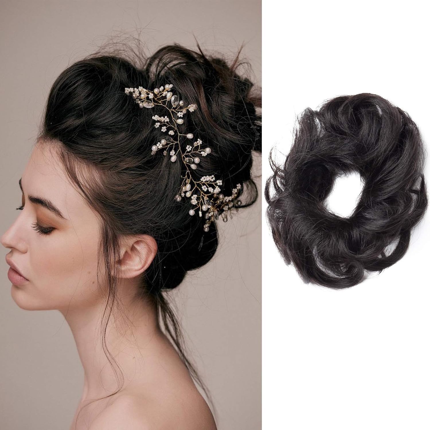 Short Messy Hair Bun 100% Silky Soft Real Remy Human Updo Curly Hair Ribbon Ponytail Extensions Donut Chignons HairPeice #01 Jet Black