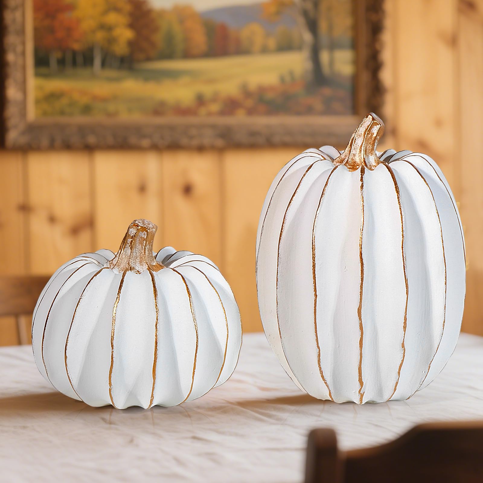 Photo 1 of 2Pcs Halloween Pumpkin Artificial Resin Pumpkins Decor for Mantel Harvest Autumn Tabletop Decoration Gold Fall Pumpkin Decorations Thanksgiving Table Centerpieces (Set C, ONE Size)