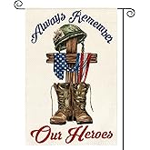 AVOIN colorlife Memorial Day Always Remember Our Heroes Garden Flag 12x18 Inch Double Sided, Military Soldiers Boots Patriotic Veteran Yard Outdoor Decoration