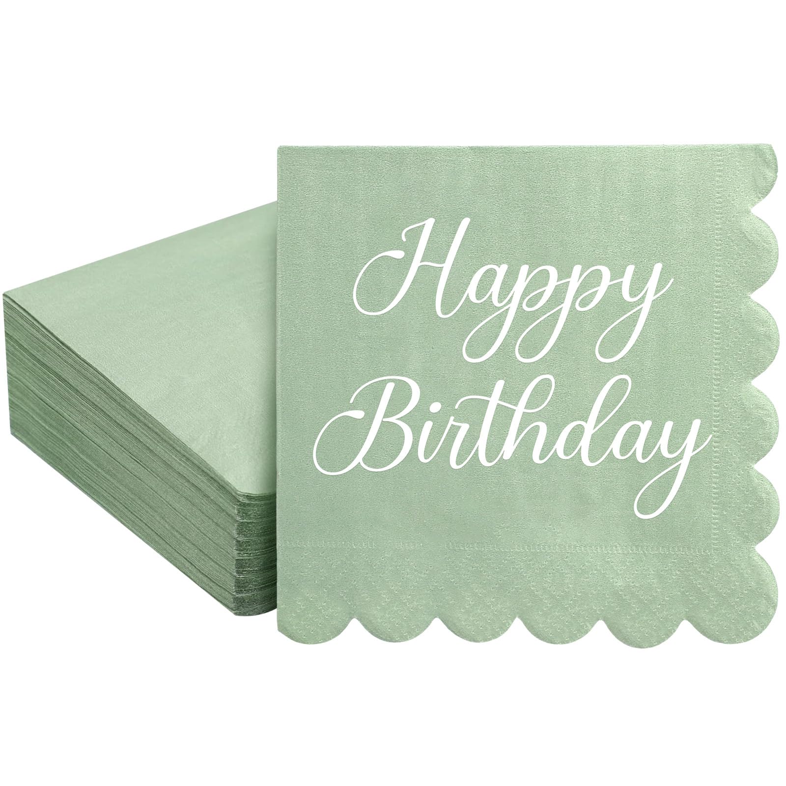Photo 1 of Gilprop 100 Pcs 2-Ply Happy Birthday 5" x 5" Sage Green Cocktail Napkins Light Green Scalloped Napkins Disposable Beverage Dessert for Birthday Party Supplies Decorative