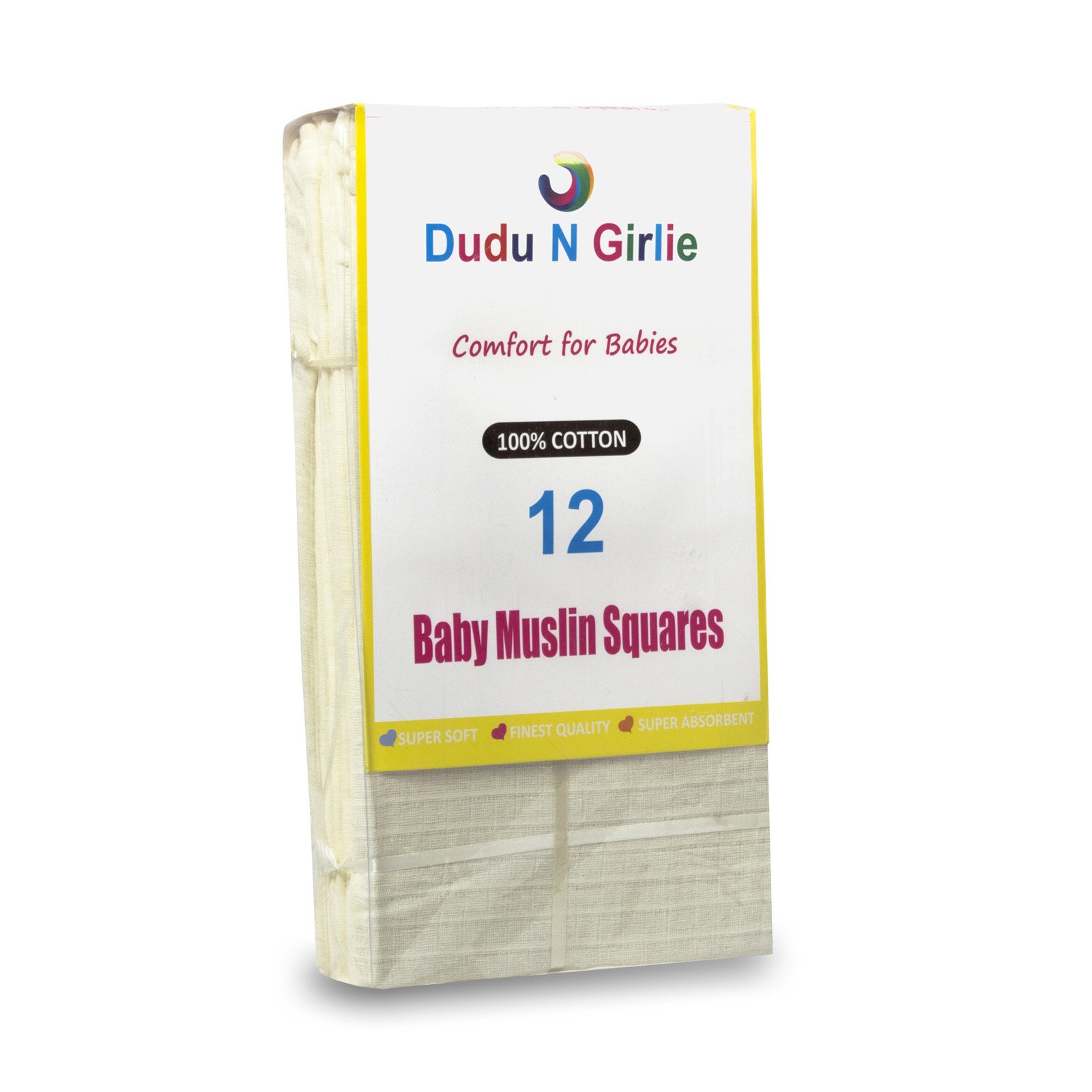 DUDU N GIRLIE Muslin Cloths for Baby 70x70cm - Soft, Absorbent & Breathable 100% Pure Cotton Burp Cloths - Ideal to Clean, Wipe & Cover Newborn Blanket Unisex Muslin Squares (Pack of 12, Cream)