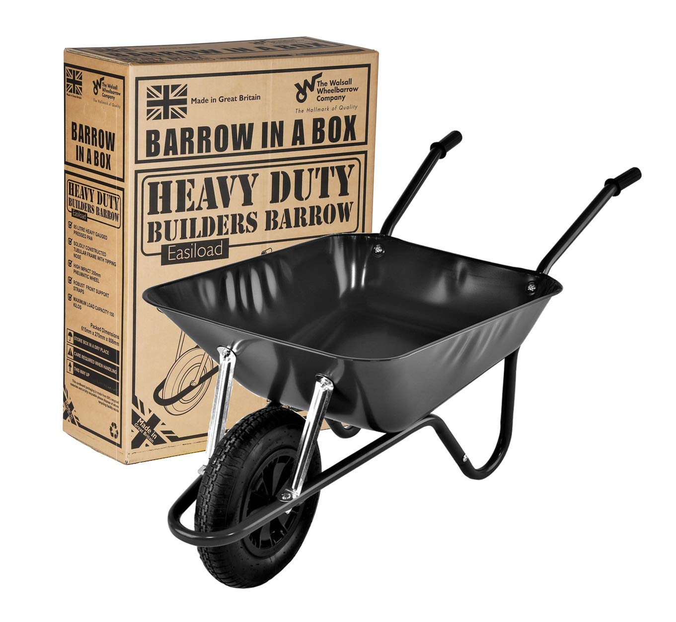 Walsall BEASBP 85L Heavy Duty Easiload Wheelbarrow Builders Barrow Black with Pneumatic Wheel