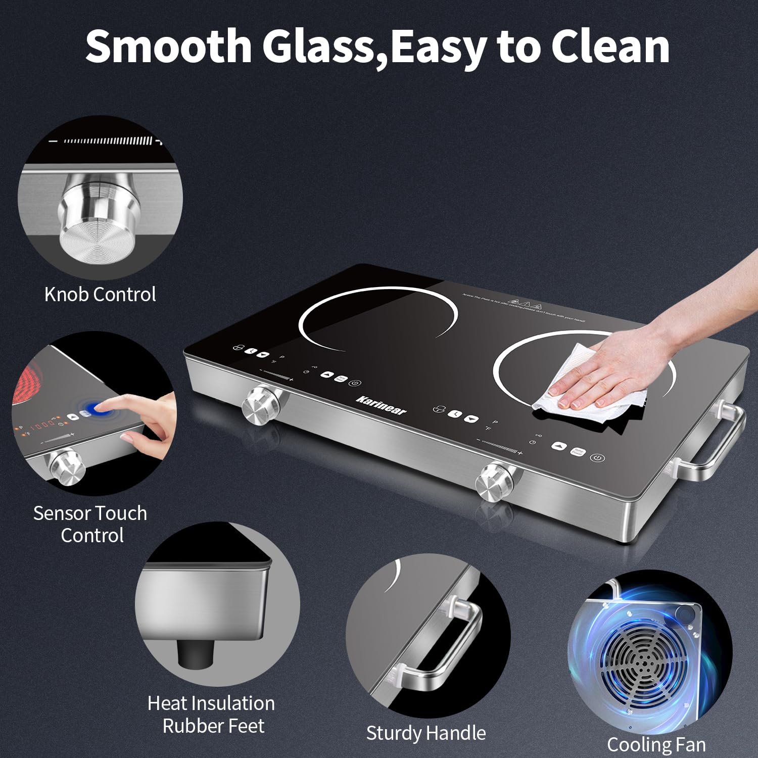 Karinear 2 Burner Electric Cooktop 110V, Portable Electric Stove with Handle, Knob Control Electri Hot Plate, Ceramic Countertop Burner, Timer, Safety Lock, 9 Power Level, 2000W, 24 inch(White)