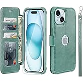 VANAVAGY Compatible for iPhone 15 Wallet Case, PU Leather Flip Folio Cover with Wrist Strap RFID Blocking Card Holder for Wireless Charging,[Screen Protector & Camera Cover],Forest Green