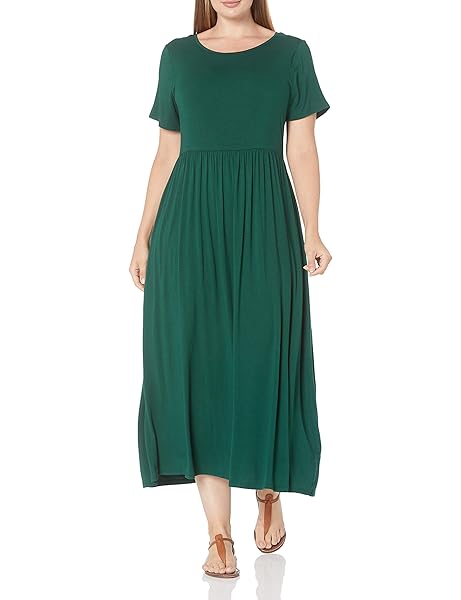 AMAZON ESSENTIALS WOMEN’S SHORT-SLEEVE WAISTED MAXI DRESS (AVAILABLE IN PLUS SIZE), JADE GREEN, LARGE