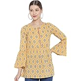 Yash Gallery Women's Cotton Floral Printed Regular Round Neck Bell Sleeve Short Kurtis Top Blouse For Summer