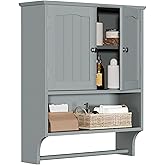 Smuxee Grey Bathroom Cabinet Wall Mounted with Towels Bar, Bathroom Medicine Cabinet with 2 Door Adjustable Shelves, Over Toi