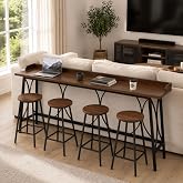Karl home 82.3" Bar Table, Counter Height Table with Back Rail, Brown | Industrial Bar Height Table with Metal Footrest for Bistro, Dining Room, Living Room &amp; Kitchen, Freestanding