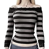 Women Off Shoulder Crop Top Y2k Long Sleeve Lace Trim Ribbed Knit Shirt Stripe Slim Fit Fairy Grunge Aesthetic Clothes