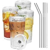 RÉΑLWÁY Iced Coffee Cups with Lids and Straws, 20 OZ Glass Tumbler with Straw and Lid, Clear Ribbed Glass Cups Reusable to Go Coffee Tumbler for Matcha, Smoothie, Cocktail,Latte, 4 Pcs