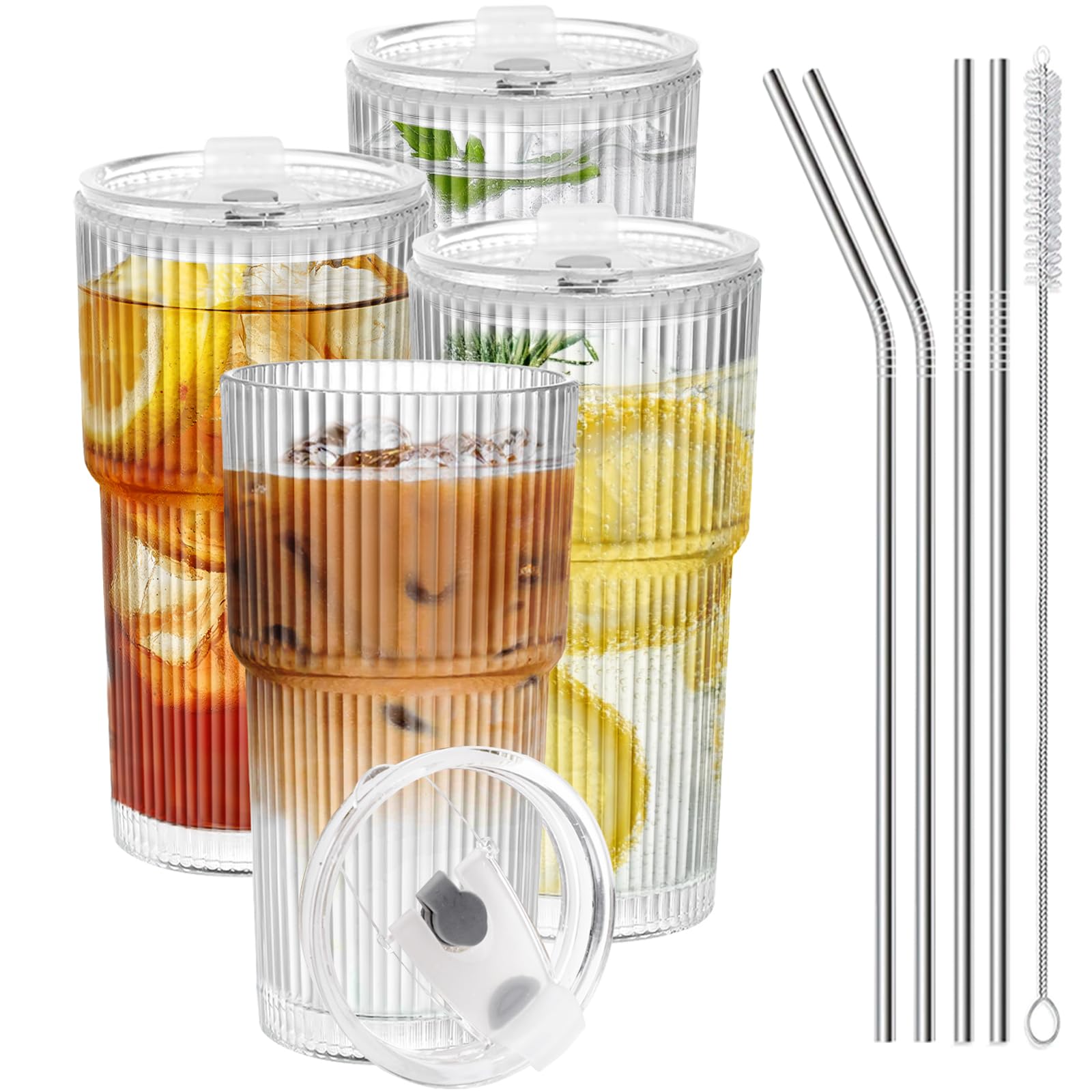 Photo 1 of 3pcs only. RÉ?LWÁY Iced Coffee Cups with Lids and Straws, 20 OZ Glass Tumbler with Straw and Lid, Clear Ribbed Glass Cups Reusable to Go Coffee Tumbler for Matcha, Smoothie, Cocktail,Latte,
