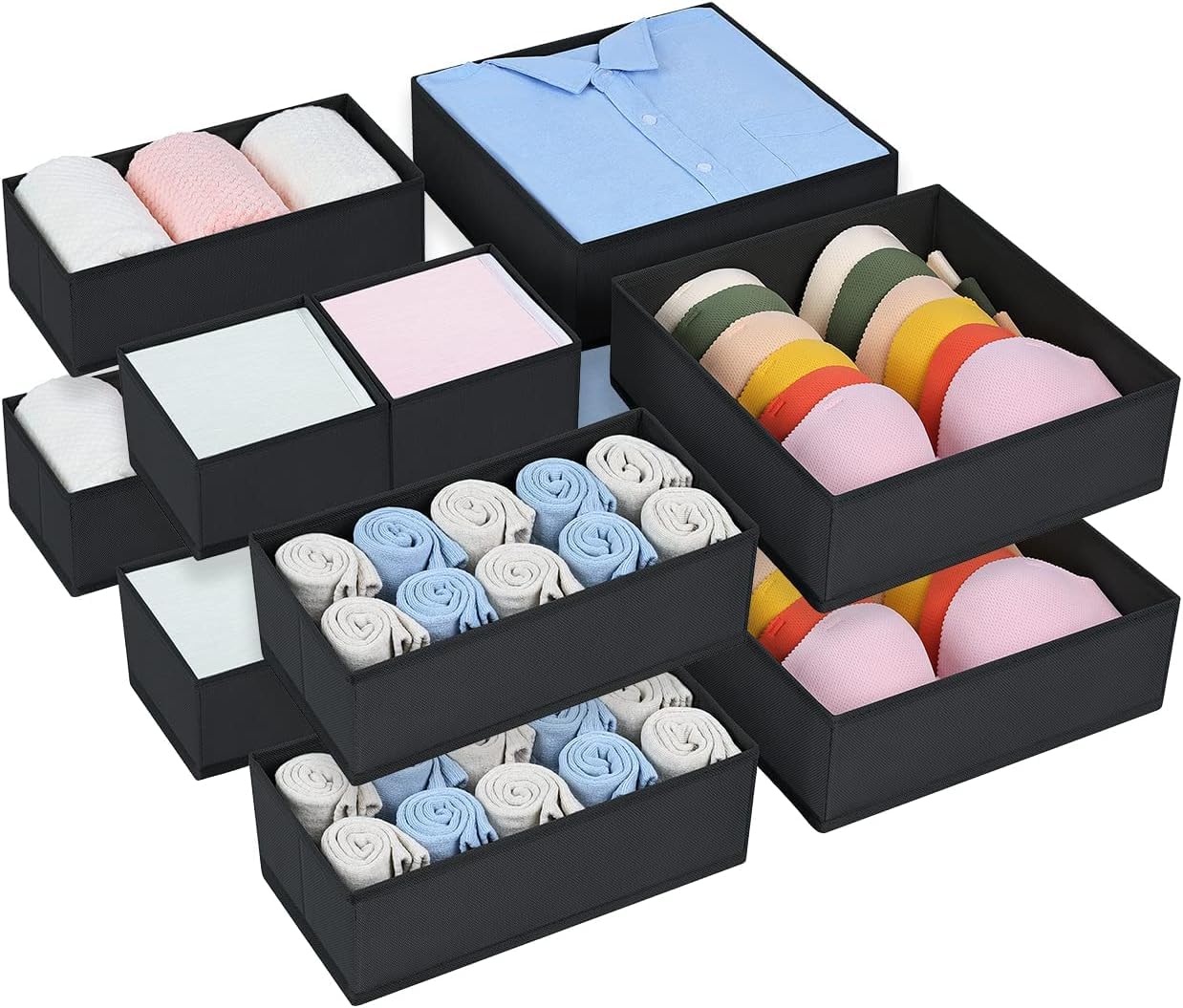 DIMJ 12 Pack Drawer Organisers Foldable Storage Box Fabric Drawer Dividers Wardrobe Storage Organiser Storage Cubes for Bras, Socks, Underwear, Ties, Scarves, Cosmetics