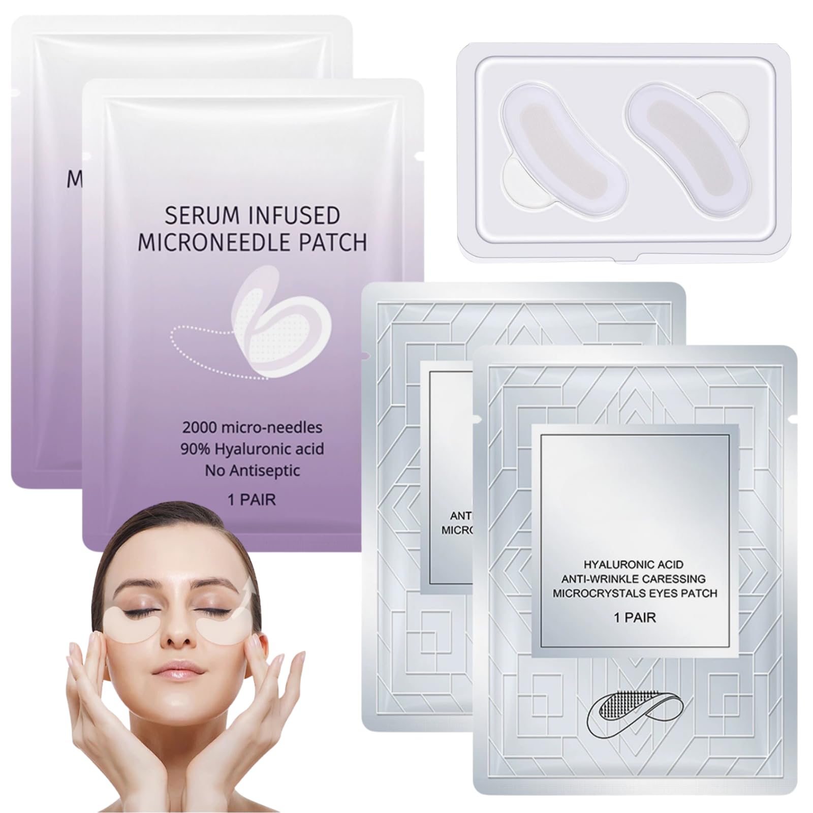 (4 Pairs) Microneedle Peptide Patches - 2x Brightening & 2x Anti Wrinkle Patches | Collagen Eye Mask with 2000 Dissolvable Micro-Needles & Hyaluronic Acid |Collagen Under Eye Patches Reduce Fine Lines