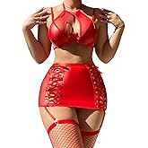 Foxiny Sexy Cutout Halter Underwire Leather Mesh Sheer Mini Skirt Stocking Lingerie Set 4 Piece Outfits