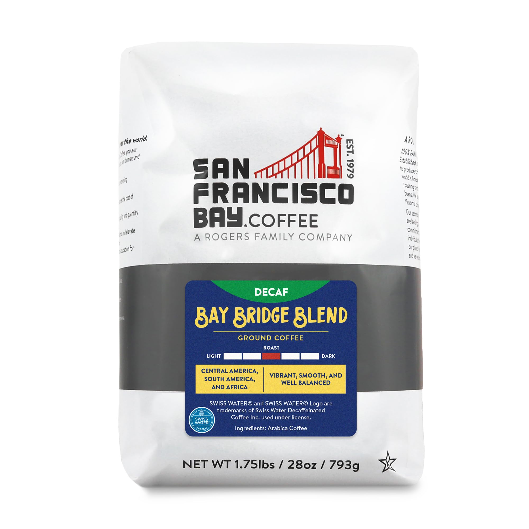 San Francisco Bay Ground Coffee - DECAF Bay Bridge Blend (28oz Bag), Medium Roast, Swiss Water Processed Image
