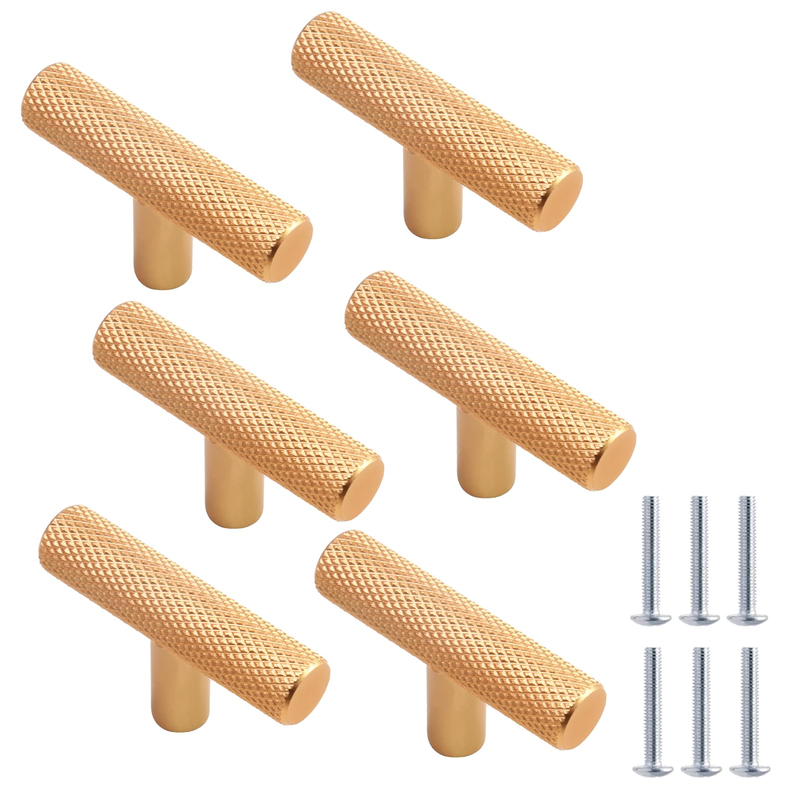 Cjueiom 6 Pack Gold Cupboard Handles 50mm Length, T Bar, Knurled Drawer Knobs with Diamond Pattern, Wardrobe Door Pulls for Bedroom Drawer Closet