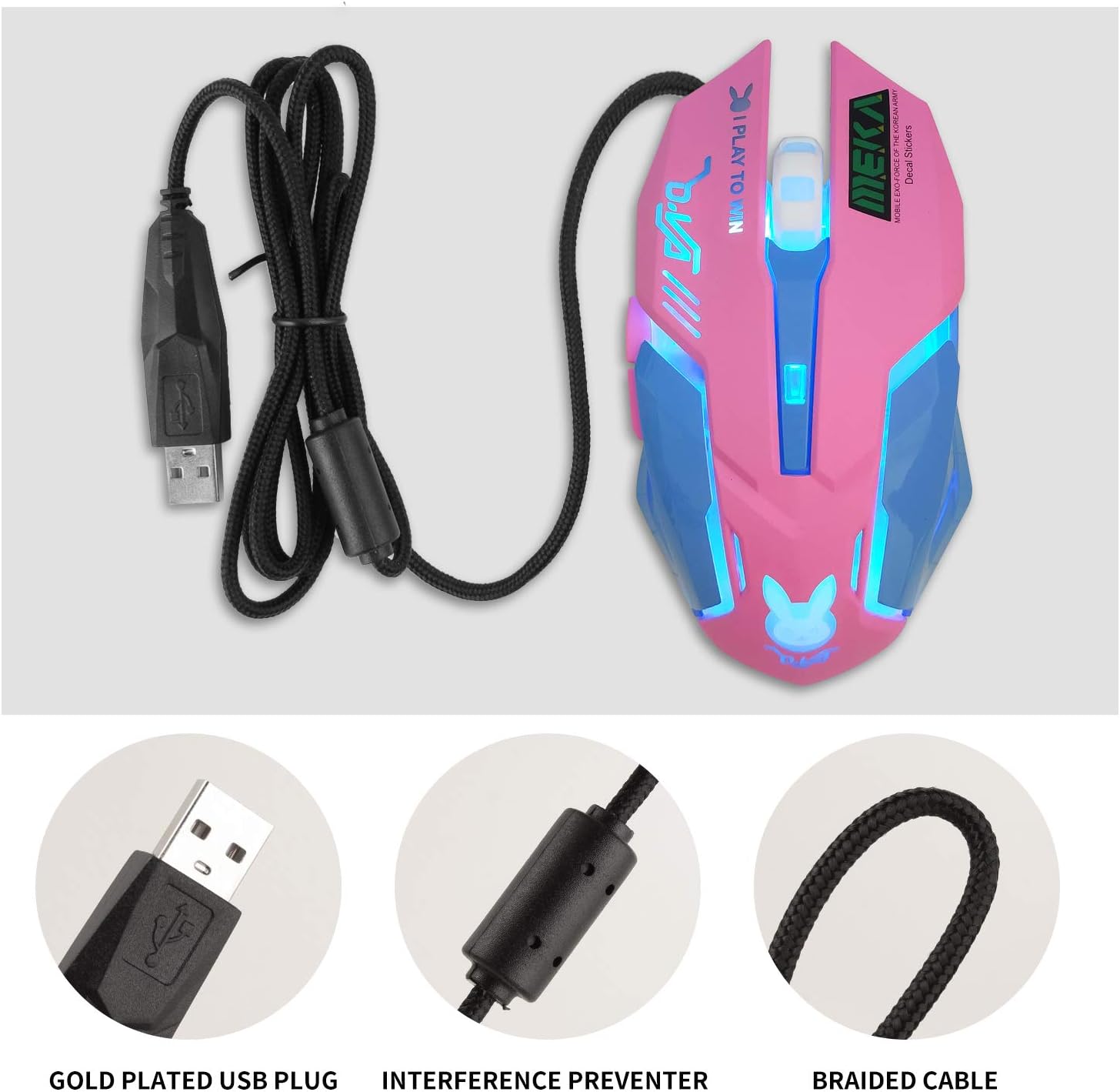 Greshare Gaming Mouse,7 Colors Backlit Optical Game Mice Ergonomic USB Wired with 2400 DPI and 6 Buttons 4 Shooting for Computer/Win/Mac/Linux/Andriod/iOS. (Pink & Blue) - Image 5