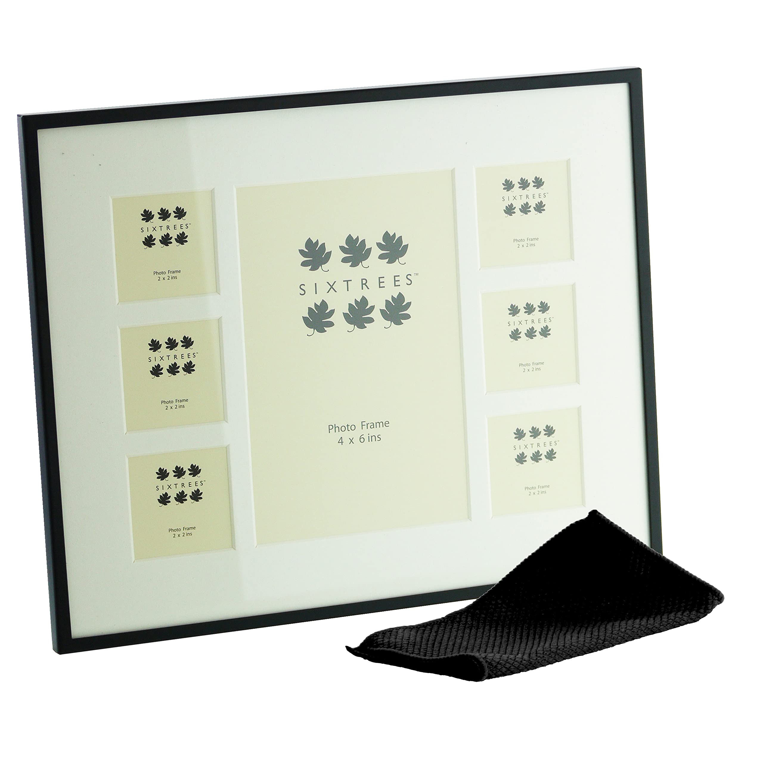Sixtrees Park Lane 28537C(MIF) Black Seven Aperture Photo Frame With Mount. Six 2 x 2 inch and one 4 x 6 inch pictures. Complete with microfibre polishing cloth.