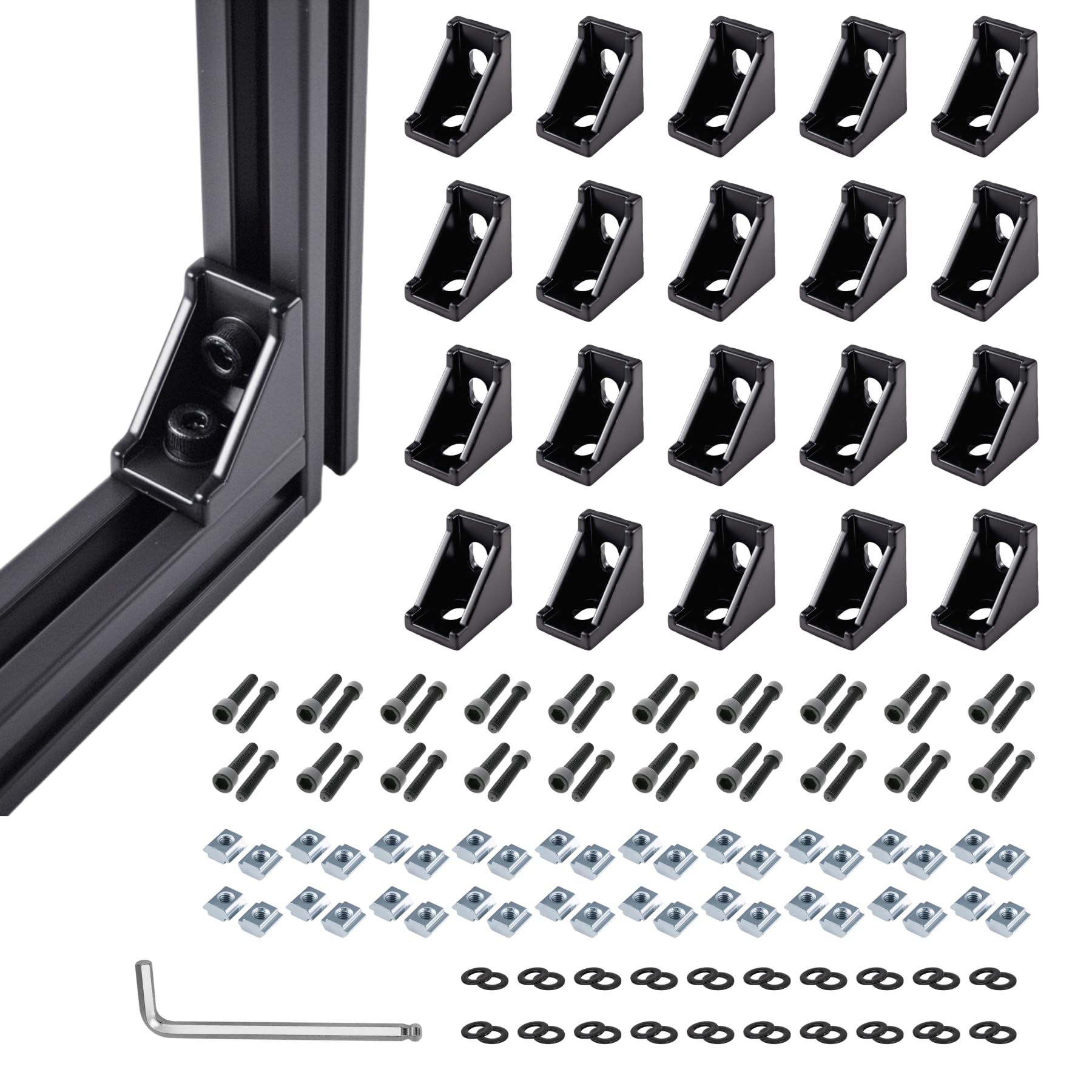 Photo 1 of 20 Sets Black 2020 Series Aluminum Extrusion T-Slot Corner Bracket Kit, Includes 20pcs Right Angle Connectors Gusset, 40pcs T-Nuts and Screws, for 6mm V-Slot Profile Hardware Accessories