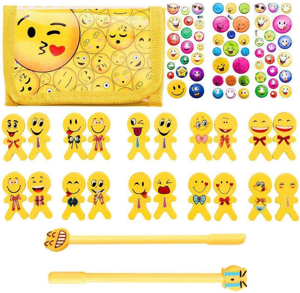 26Pack Emoji Pencil Erasers Party Favors, Emoji Stickers Party Supplies for Christmas Birthday, School Classroom Prizes, Giveaway, Toys Gifts, Goodie Bags (Random Color Pencil Case)