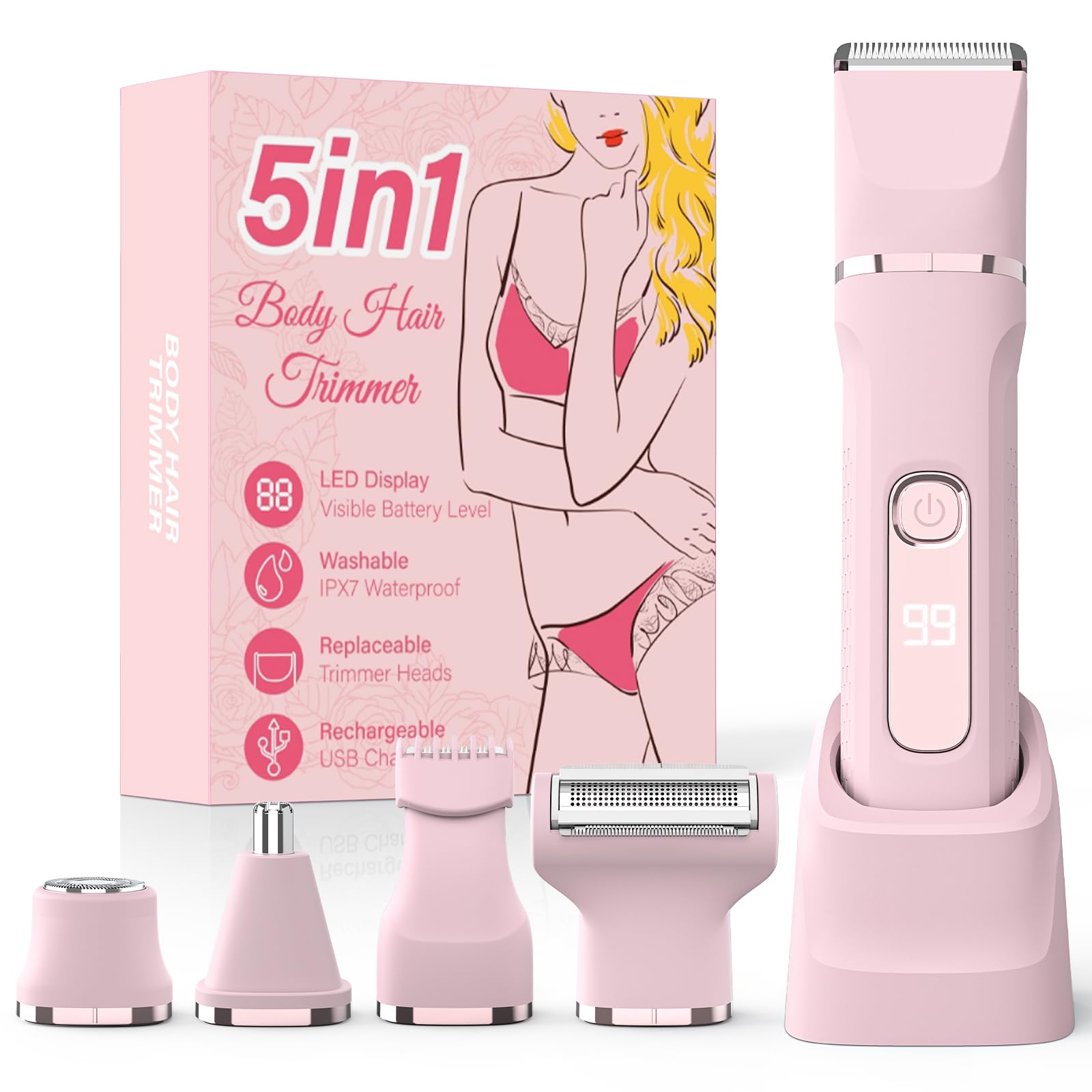 Bikini Trimmer for Women,5-in-1 Electric Razors for Women,Electric Shaver for Women's,IPX7 Waterproof Trimmer for Men Legs,with 5 Replaceable Blade Heads,USB Recharge Dock(Pink)